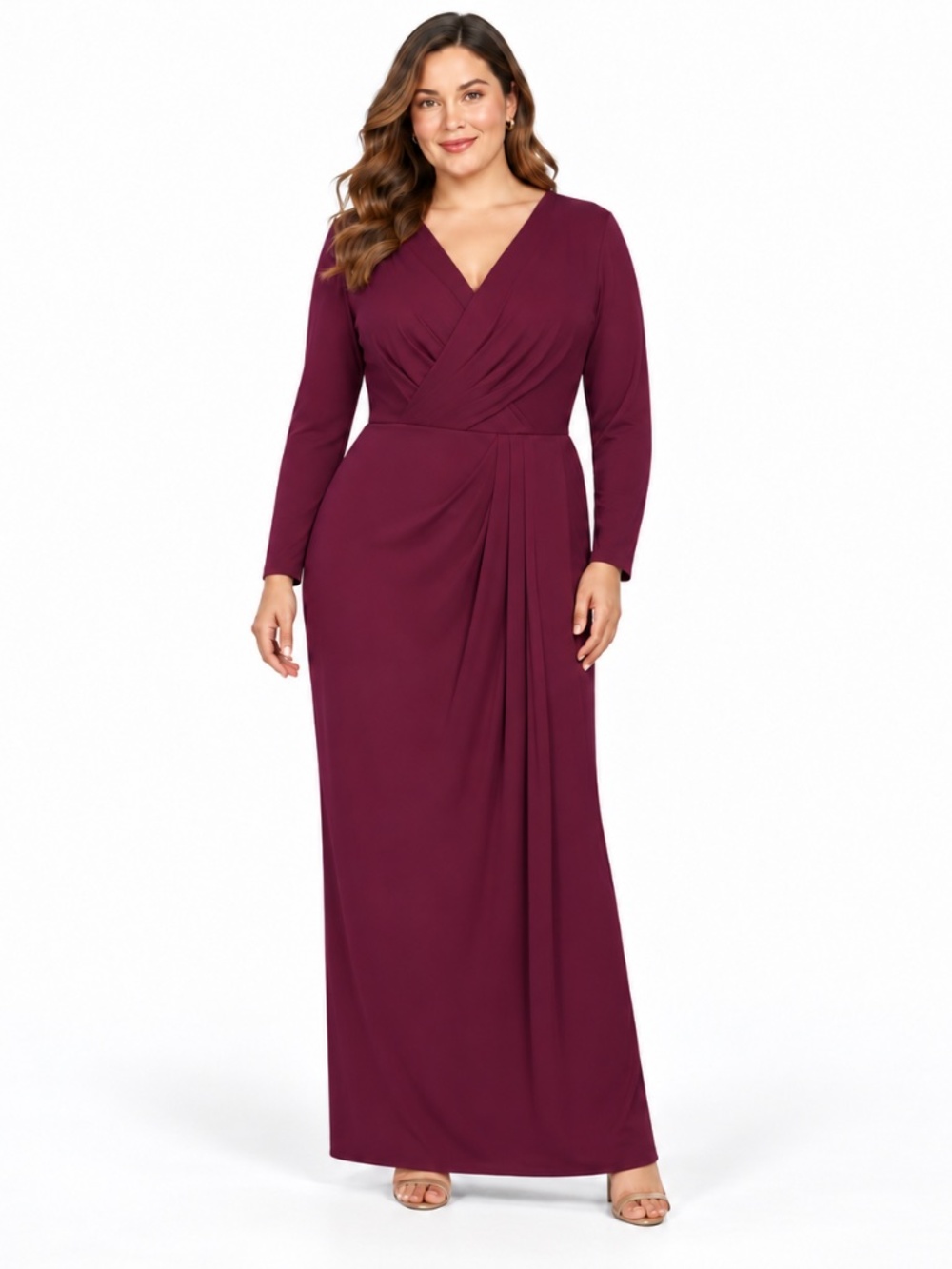 Betsy & Adam - Plus Size Wine Long-Sleeve Matte Jersey Gown